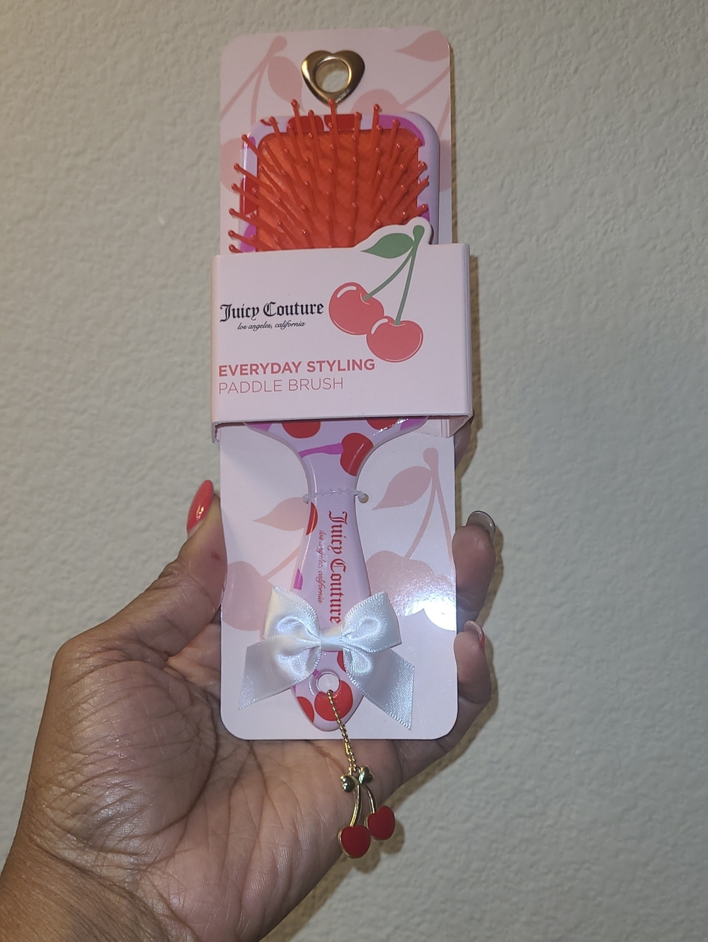 Juicy Couture Cherry Paddle Hair Brush in Pink with Red Bristles